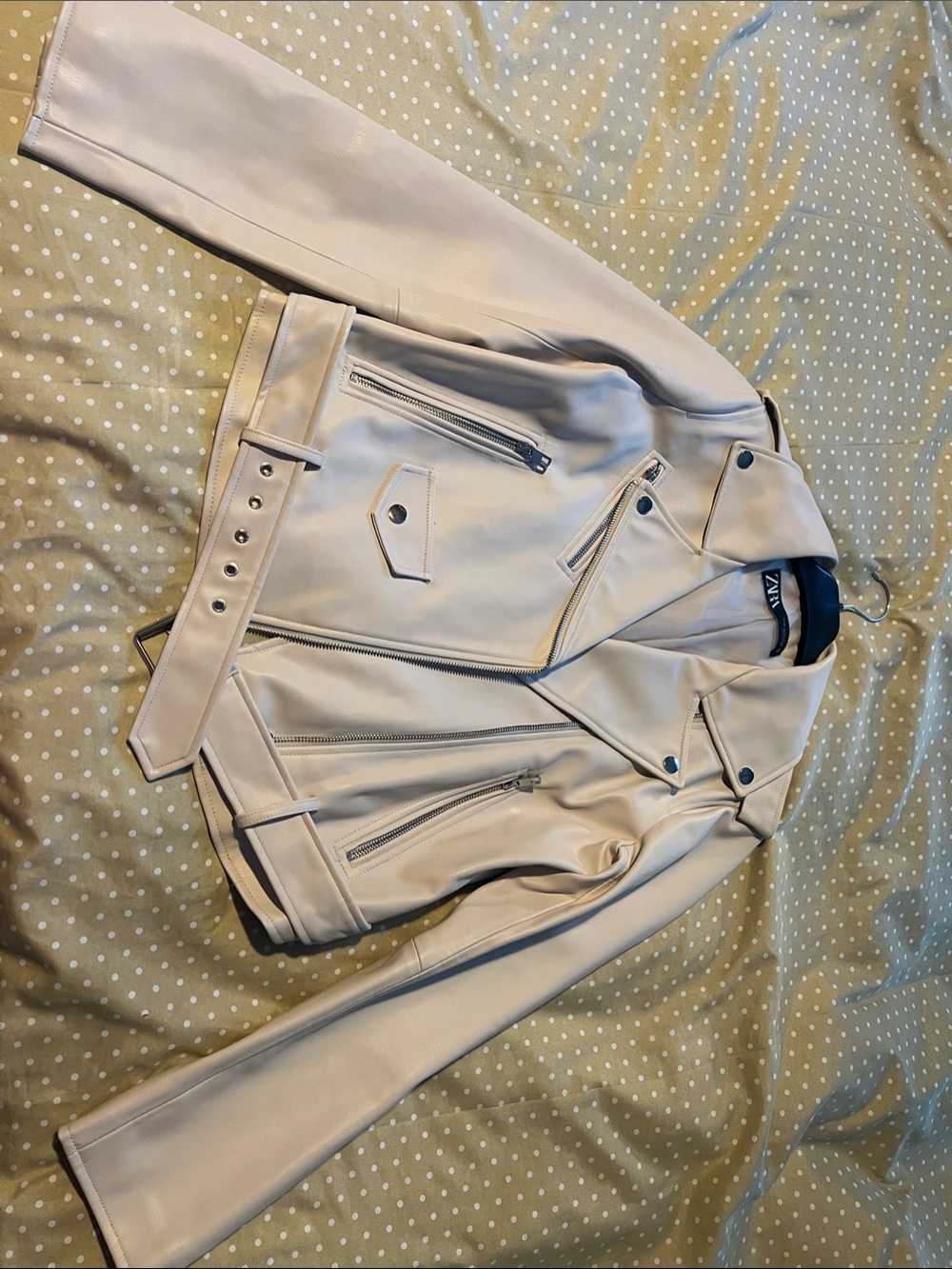 Zara Women's Cream Moto Jacket with Zip & Belt
